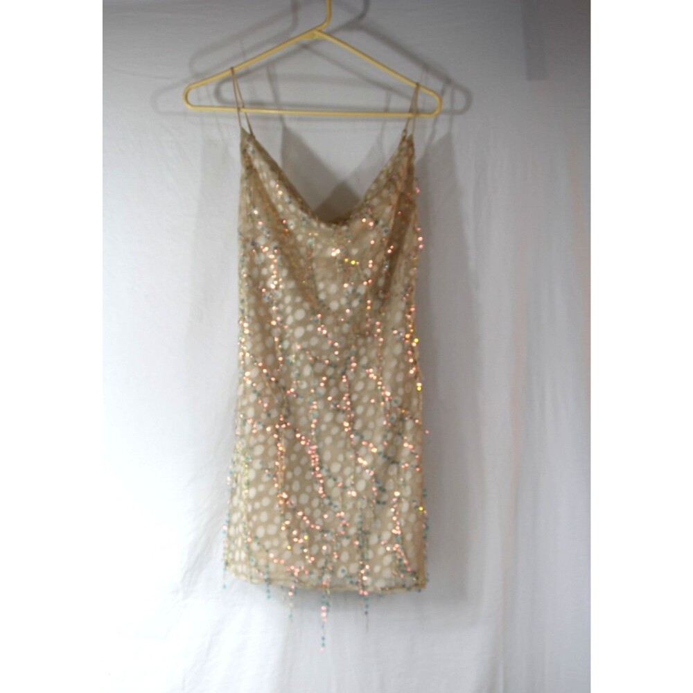 Angel Biba Women's Mini Dress Cream Sequins Strapless Size M Lined Homecoming